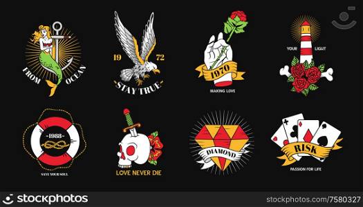 Old school tattoo elements flat colorful set with making love risk symbols black background isolated vector illustration