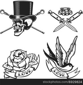 old school tattoo emblems. Swallow bird, skull in hat, rose flower, crossed knives. Design element for emblem, sign, label, poster. Vector illustration