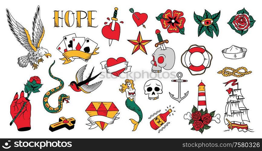 Old school tattoo little colorful elements collection with skull snake sailing ship cross heart isolated vector illustration