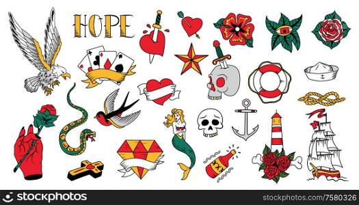 Old school tattoo little colorful elements collection with skull snake sailing ship cross heart isolated vector illustration