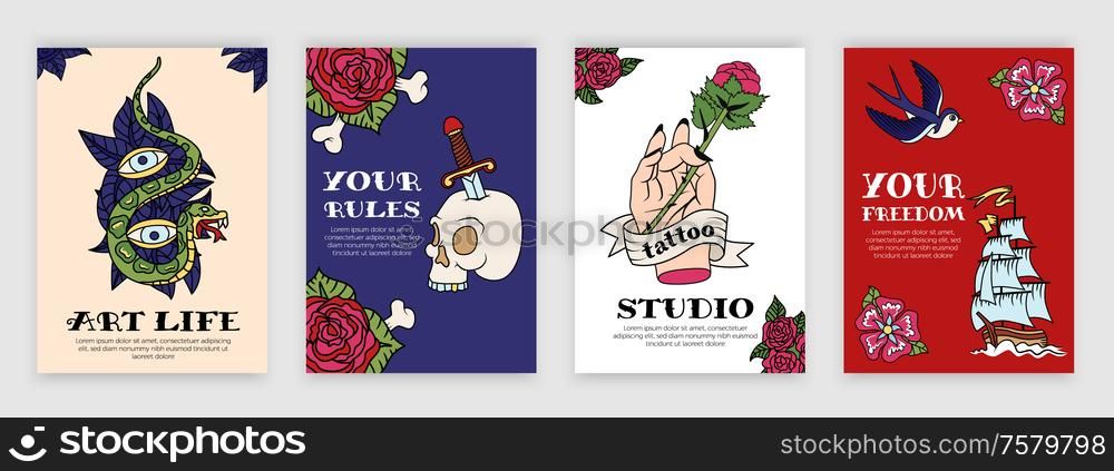 Old school tattoo studio 4 colorful posters set with love death hope art symbols isolated vector illustration