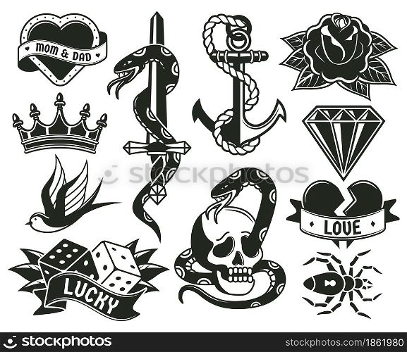 Old school tattoo symbols, heart, knife, knot, roses. Retro tattooing elements snake, crown and dice symbols vector illustration set. Vintage engraving tattoos spider and dice, love and snake. Old school tattoo symbols, heart, knife, knot, roses. Retro tattooing elements snake, crown and dice symbols vector illustration set. Vintage engraving tattoos