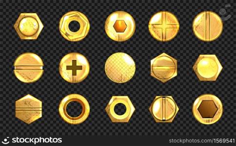 Old screw and nail heads set, golden metal bolts, grunge rusty rivets hardware yellow caps with grooves and holes top view isolated on transparent background. Realistic 3d vector illustration, icons. Old screw and nail heads set, metal bolts, rivets