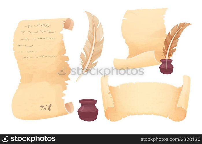 Old scroll of parchment, papyrus and feather pen in cartoon style isolated on white background. Empty frame, decoration, antique manuscript. . Vector illustration