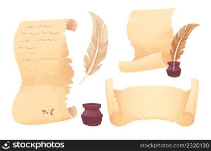 Old scroll of parchment, papyrus and feather pen in cartoon style isolated on white background. Empty frame, decoration, antique manuscript. . Vector illustration