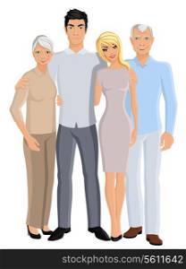 Old senior people family grandparents couple with adult son and daughter full length portrait vector illustration