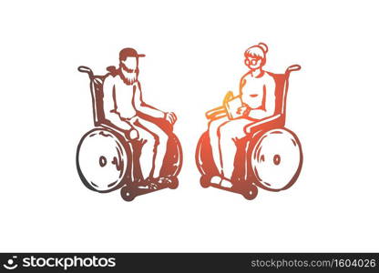 Old, senior, wheelchair, nursing, age concept. Hand drawn old couple in a nursing home on wheelchairs concept sketch. Isolated vector illustration.. Old, senior, wheelchair, nursing, age concept. Hand drawn isolated vector.