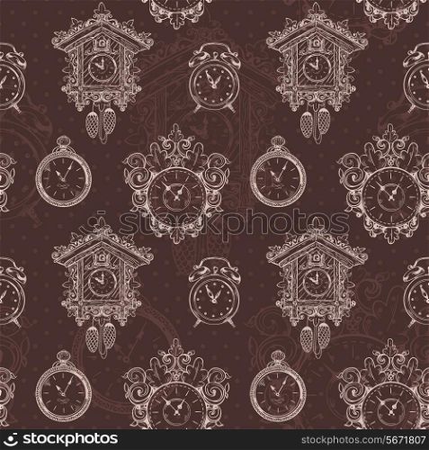 Old sketch vintage clock and watches on dark background seamless pattern vector illustration