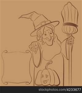Old smyling witch with broom point up pumpkin. Lady, scroll and pumpkin are grouped separately, each element can be used separately. As sample: witch for Walpurgis night design. 10 version file with multiply trasparensy effect.