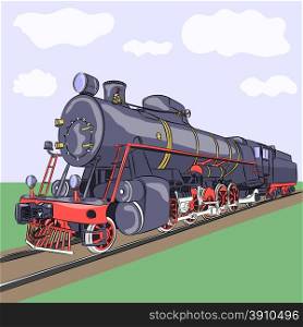 Old steam locomotive standing on rails against the blue sky with clouds.. Vector. Old steam locomotive.