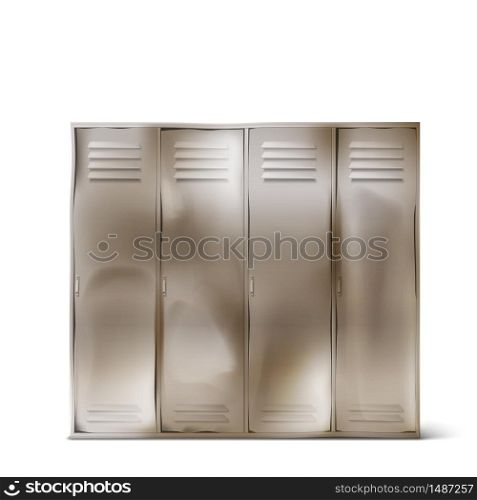 Old steel lockers with dents in school corridor or changing room in gym. Vector realistic rumpled metal cabinets with closed doors in sport or fitness club isolated on white background. Old steel lockers in school corridor or gym