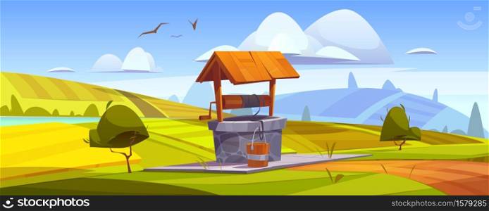 Old stone well with drinking water on green hill. Vector cartoon summer landscape with vintage well with wooden roof, pulley and bucket. Basin for water source or spring near farm or village. Old stone well with drinking water on green hill