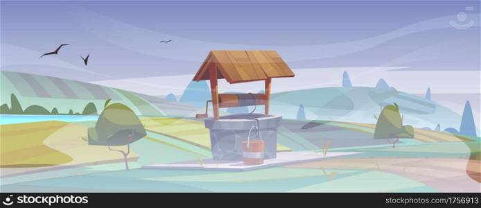 Old stone well with drinking water on green hill. Summer foggy early morning landscape with vintage rural well with wooden roof, pulley and bucket on rope, farm or village Cartoon vector illustration. Old stone well with drinking water on green hill
