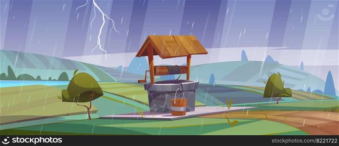 Old stone well with drinking water on green hill at rainy weather. Vector cartoon summer landscape vintage well with wooden roof, pulley and bucket. Summer storm with rain and lightning. Cartoon landscape with stone well and rain. Vector
