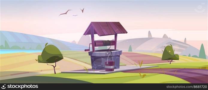 Old stone well with drinking water on green hill with farm fields around. Summer early morning landscape with vintage rural well with wooden roof, pulley and bucket on rope Cartoon vector illustration. Old stone well with drinking water on green hill