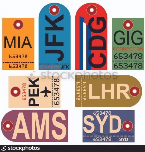 Old style illustration showing retro looking airplane tags with different airport codes