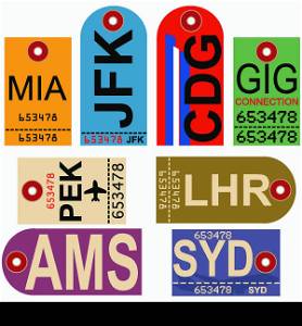 Old style illustration showing retro looking airplane tags with different airport codes