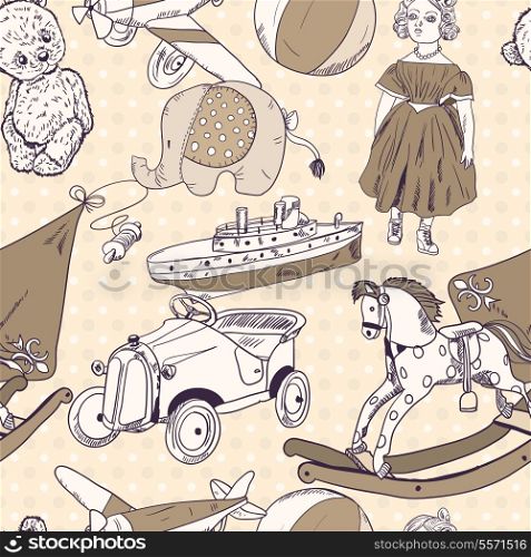 Old style kids toys sketch seamless pattern of kite ball rocking horse doll vector illustration