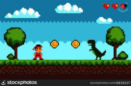 Old style pixel game , picture representing character and dinosaur, coins and health, trees and bushes, sky and clouds on vector illustration. Old Style Pixel Game on Vector Illustration Blue
