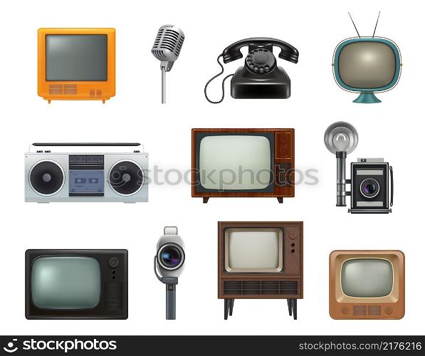 Old style technics. 80s retro household gadgets stationary items tv set typewriting machines telephone decent vector realistic pictures set. Old tv and radio, object electronic 80s illustration. Old style technics. 80s retro household gadgets stationary items tv set typewriting machines telephone decent vector realistic pictures set