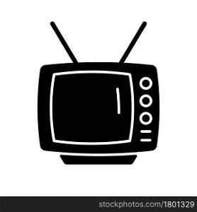 Old-style television black glyph icon. TV older model. Transmitting moving images in monochrome. Cathode ray tube technology. Silhouette symbol on white space. Vector isolated illustration. Old-style television black glyph icon