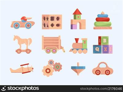 Old style wooden toy. Funny entertainments for kids vintage blocks cars soldiers garish vector illustrations set in flat style. Childhood old toy from wooden, wood whirligig and pyramid. Old style wooden toy. Funny entertainments for kids vintage blocks cars soldiers garish vector illustrations set in flat style