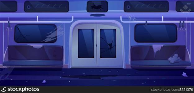 Old subway train car inside. Empty dirty metro wagon interior at night. Vector cartoon illustration of abandoned underground railway carriage with torn seats, mess, trash and cracks. Old subway train car, broken metro wagon interior