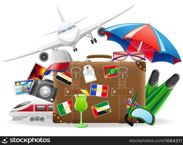 old suitcase for travel and elements for a summer recreation vector illustration isolated on white background