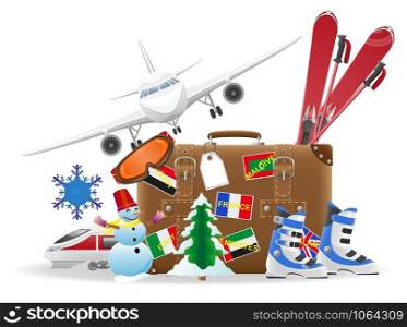 old suitcase for travel and elements for a winter recreation vector illustration isolated on white background