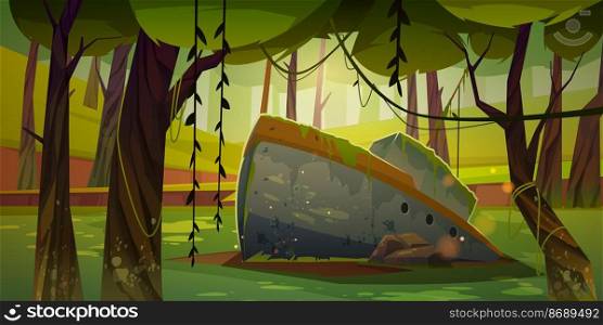 Old sunken ship covered with moss stuck in ground in deep forest. Cartoon background, nature landscape with ancient boat, deciduous trees and lianas, adventure game, archaeology, Vector illustration. Old sunken ship stuck in ground in deep forest