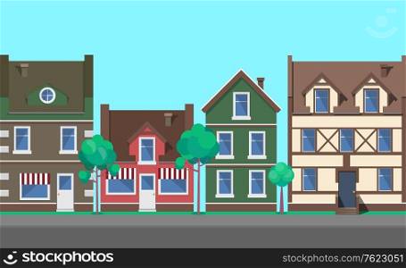 Old town architecture and buildings vector, home and houses with decorative, floral plants and bushes, paved road and fine weather, tourist attraction. Street of Old Town, City with Architecture Vector