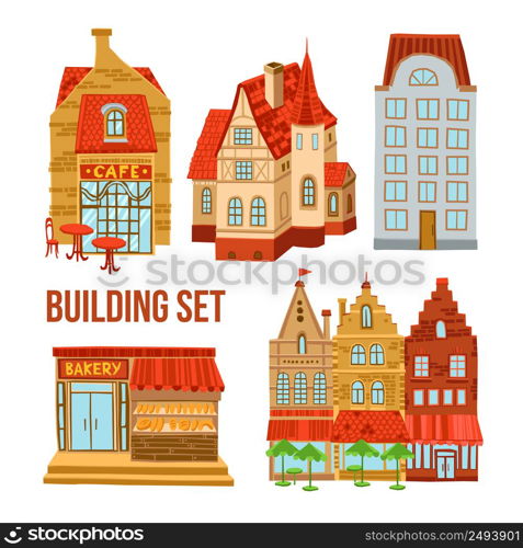 Old town flat buildings set with cafe bakery and hotel isolated vector illustration. Old Town Buildings Set