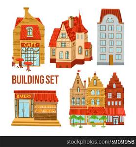 Old town flat buildings set with cafe bakery and hotel isolated vector illustration. Old Town Buildings Set