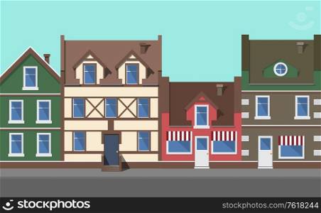 Old town part vector, vintage building with roads paved with brick and stone, homes with entrance doors and small windows. Stylish vies tourist sight city. Old Town Cityscape, Skyline Street with Building