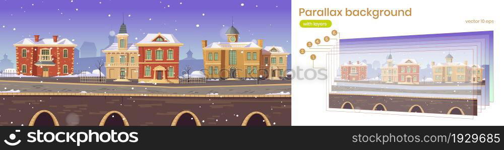 Old town street with retro european buildings and stone promenade. Vector parallax background for 2d animation with cartoon winter cityscape with vintage architecture and snow. Parallax background with old town street in winter