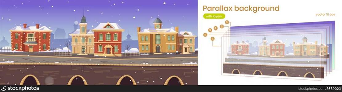 Old town street with retro european buildings and stone promenade. Vector parallax background for 2d animation with cartoon winter cityscape with vintage architecture and snow. Parallax background with old town street in winter