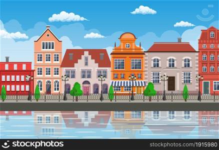 old town village main street a European city. City landscape. Life style. Vector illustration in flat style. Small town street
