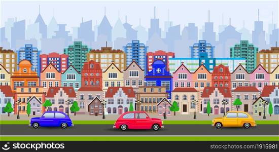 old town village main street a European city. City landscape. Life style. Vector illustration in flat style. old town village main street