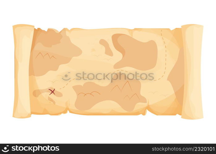 Old treasure map for pirate adventures in cartoon style isolated on white background. Fantasy and simple scroll parchment.. Ui asset. Vector illustration