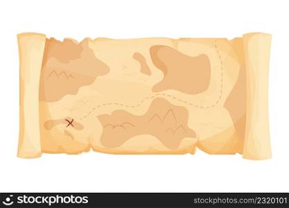 Old treasure map for pirate adventures in cartoon style isolated on white background. Fantasy and simple scroll parchment.. Ui asset. Vector illustration