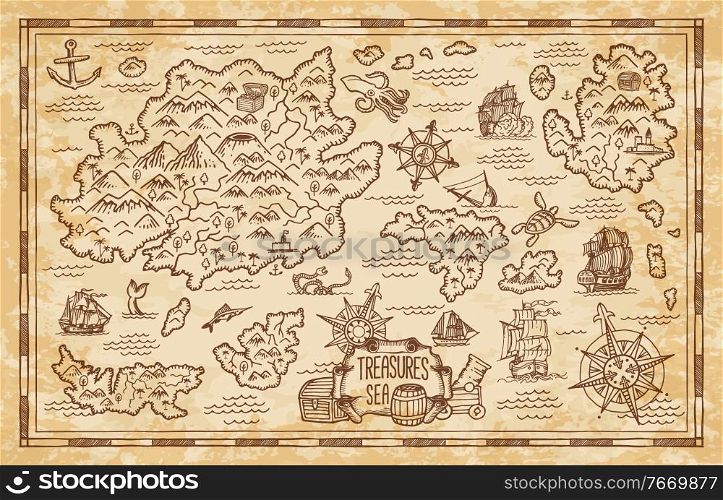 Old treasure map of pirate vector sketch with islands of Caribbean Sea, vintage nautical compass, pirate ships. Anchors, antique parchment, treasure chests and fantasy ocean monsters, adventure design. Pirate treasure map sketch with sea, islands, ship