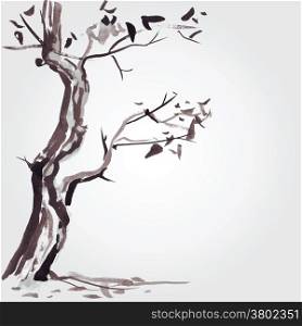 Old tree in Chinese style. Vector hand drawn illustration.