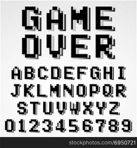 Old video game alphabet font template. Set of letters and numbers black and white pixel design. Vector illustration.. Old pixel video game alphabet font template