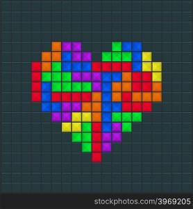 Old video game square template. Mosaic heart, colored brick game pieces. Vector illustration.