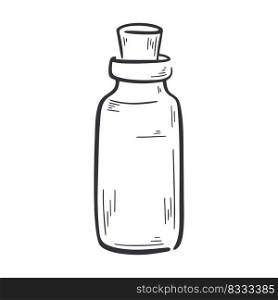 Old vintage bottle with cork hand engraved. Simple glass vessel black sketch on white background. Container for liquids hand drawn isolated vector illustration. Old vintage bottle with cork hand engraved