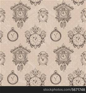 Old vintage clock and stopwatch sketch seamless pattern vector illustration