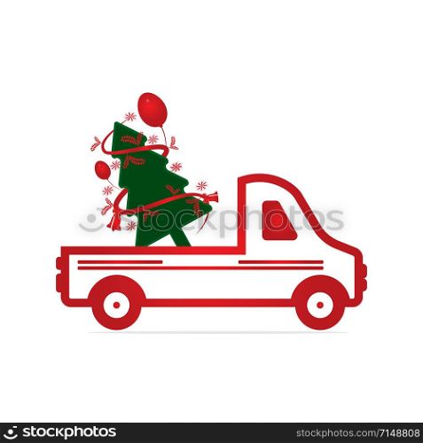 Old vintage red Christmas truck with pine tree. Vector illustration of an old vintage truck carrying a Christmas tree.