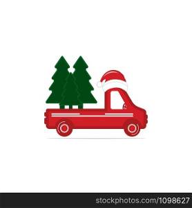 Old vintage red Christmas truck with pine tree and Santa hat. Vector illustration of an old vintage truck carrying a Christmas trees.