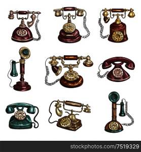 Old vintage retro phones with receivers, dials, wires. Sketch icons. Old vintage retro phones sketch icons