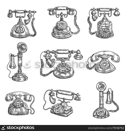 Old vintage retro phones with receivers, dials, wires. Sketch icons on color background. Vector pencil sketch. Old retro phones pencil sketch icons